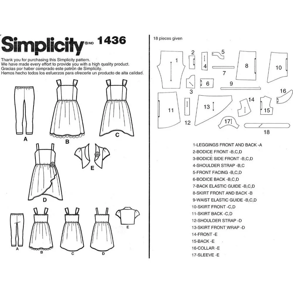 Simplicity‎ Sewing Pattern 1436 Bolero Dress Leggings Girls Size 3-6